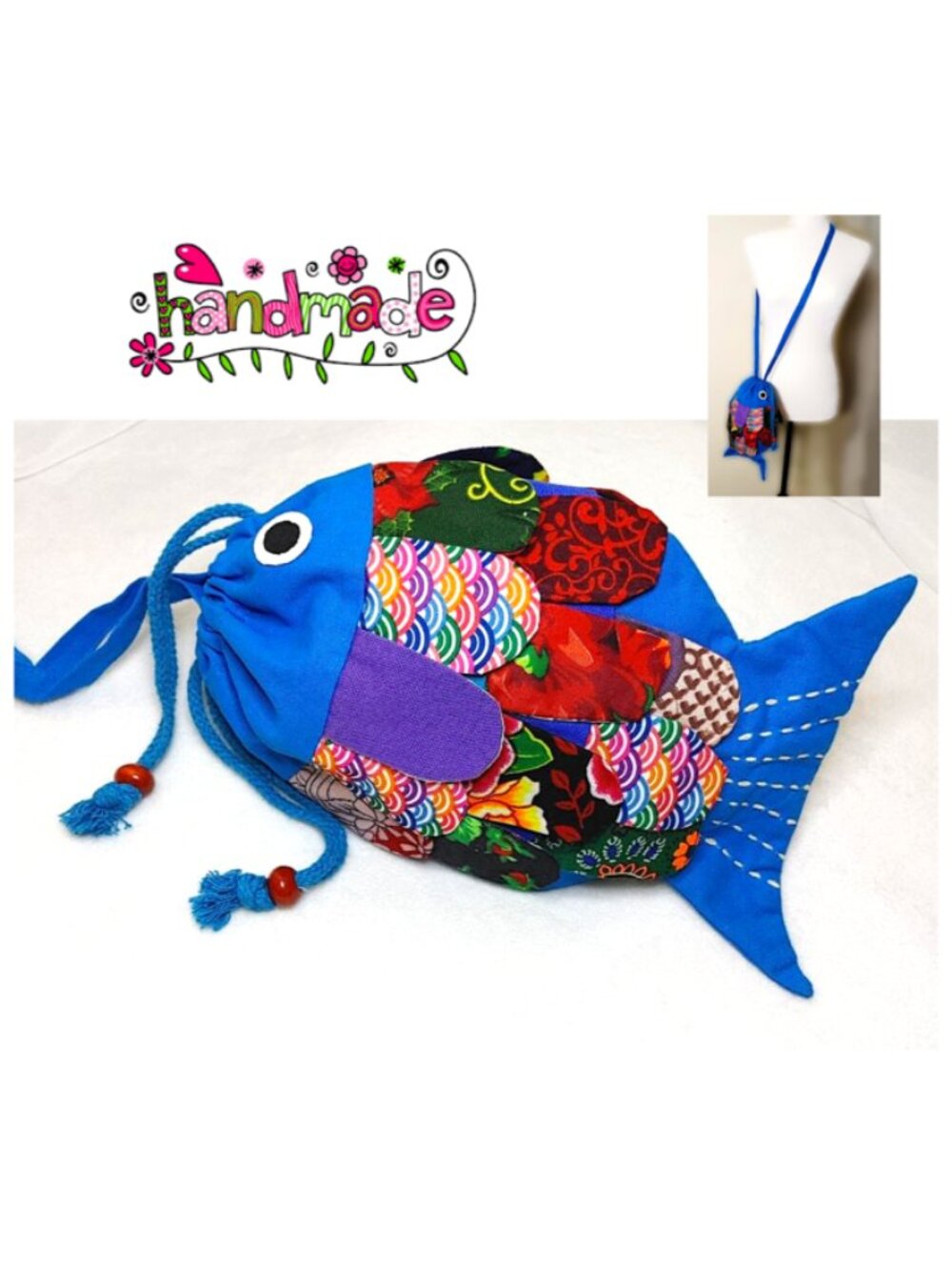 New Patchwork Kids Fish Blue Crossbody Bag Mini Tote Drawstring Red Purple Lined